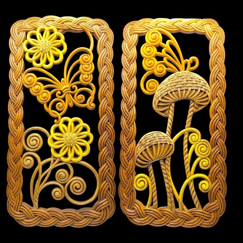 Vtg Mushroom Butterfly Wall Plaques Burwood 70s Plastic Butterfly Flowers #2459